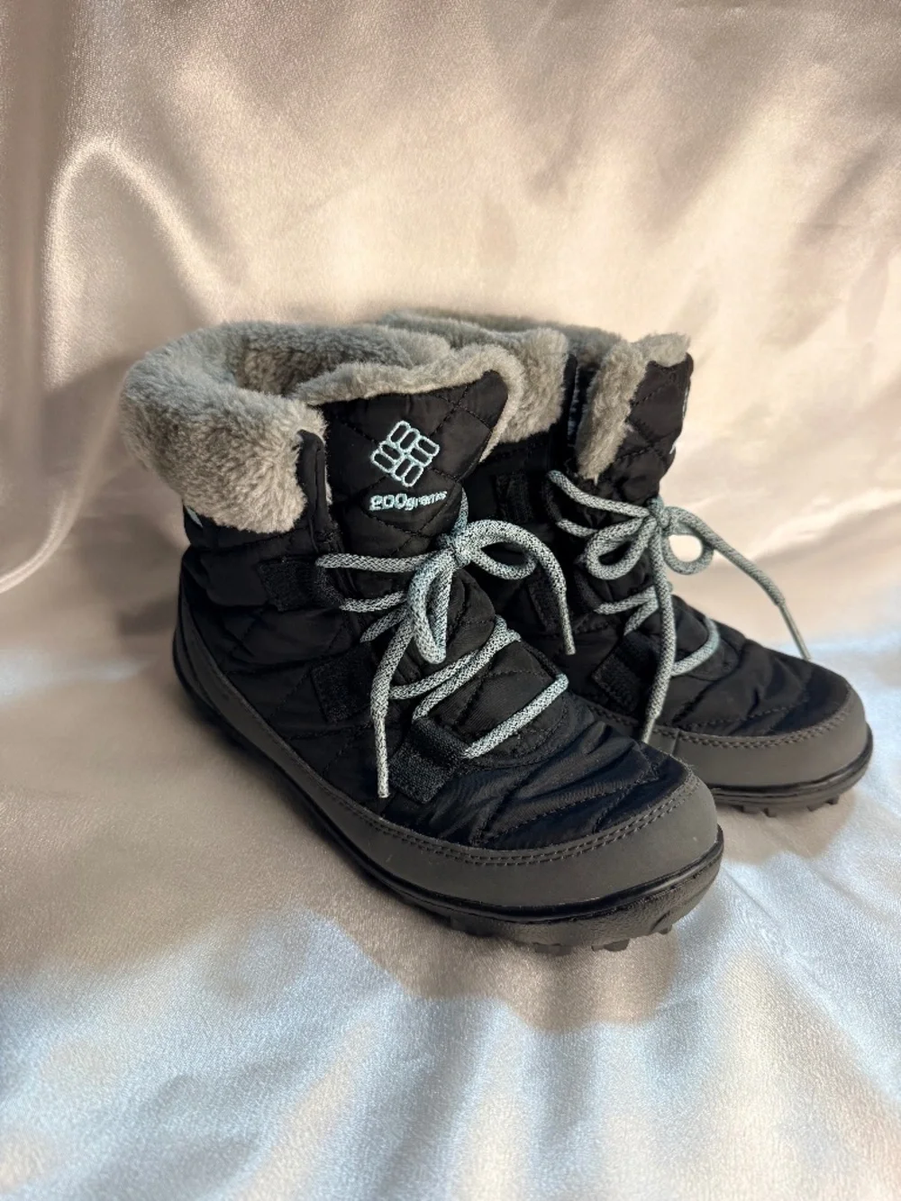 Columbia Kids Youth Winter Snow Boots Size 3 Black Gray Faux Fur Lined